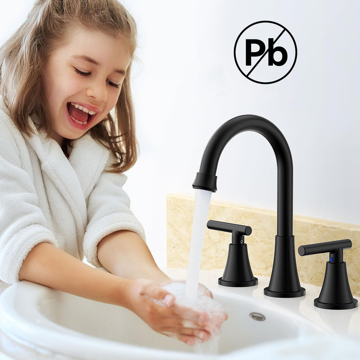 Bathroom Faucets for Sink 3 Hole, Hurran Matte Black Bathroom Sink Faucet with Pop-up Drain and Supply Lines, Stainless Steel Lead-Free Widespread Faucet for Vanity RV Farmhouse, 2 Pack