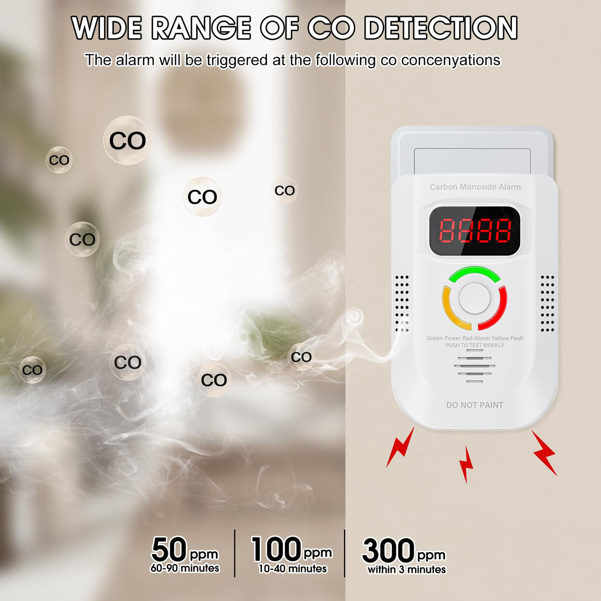 Portable Carbon Monoxide Detectors Plug in for Travel, CO Detector with LED Digital Display, Carbon Monoxide Alarm with Audible and Visual Alarm & Test Mute Button, CO Gas Monitor for Home/Hotel