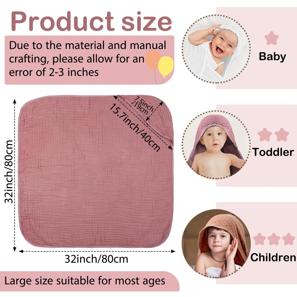 Peryiter 4 Pcs Muslin Hooded Baby Towels, 32"x 32" Cotton Newborn Bath Towel Muslin Infant Baby Blankets Absorbent Unisex Christmas Registry Gift Essentials for Girls Boys (Light Pink)