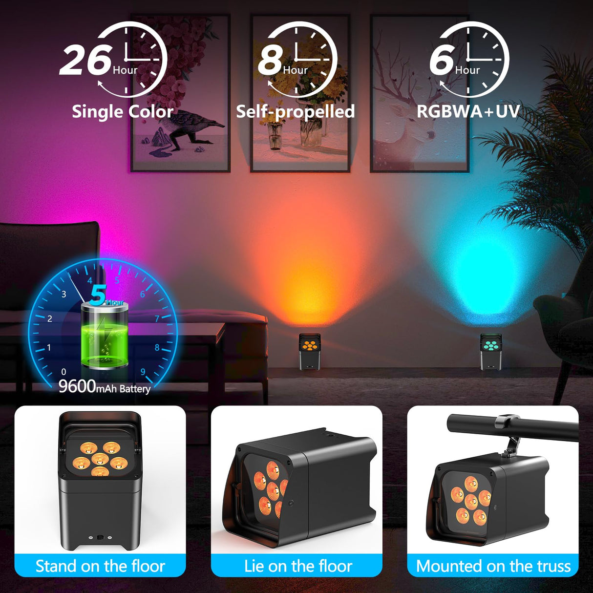 Battery Powered Uplights Rechargeable Par Can 6x18W RGBWA+UV LED Uplight 9600 mAh APP/Remote/DMX512 Control Stage Lights Uplighting Indoor for Wedding DJ Church Christmas Dance
