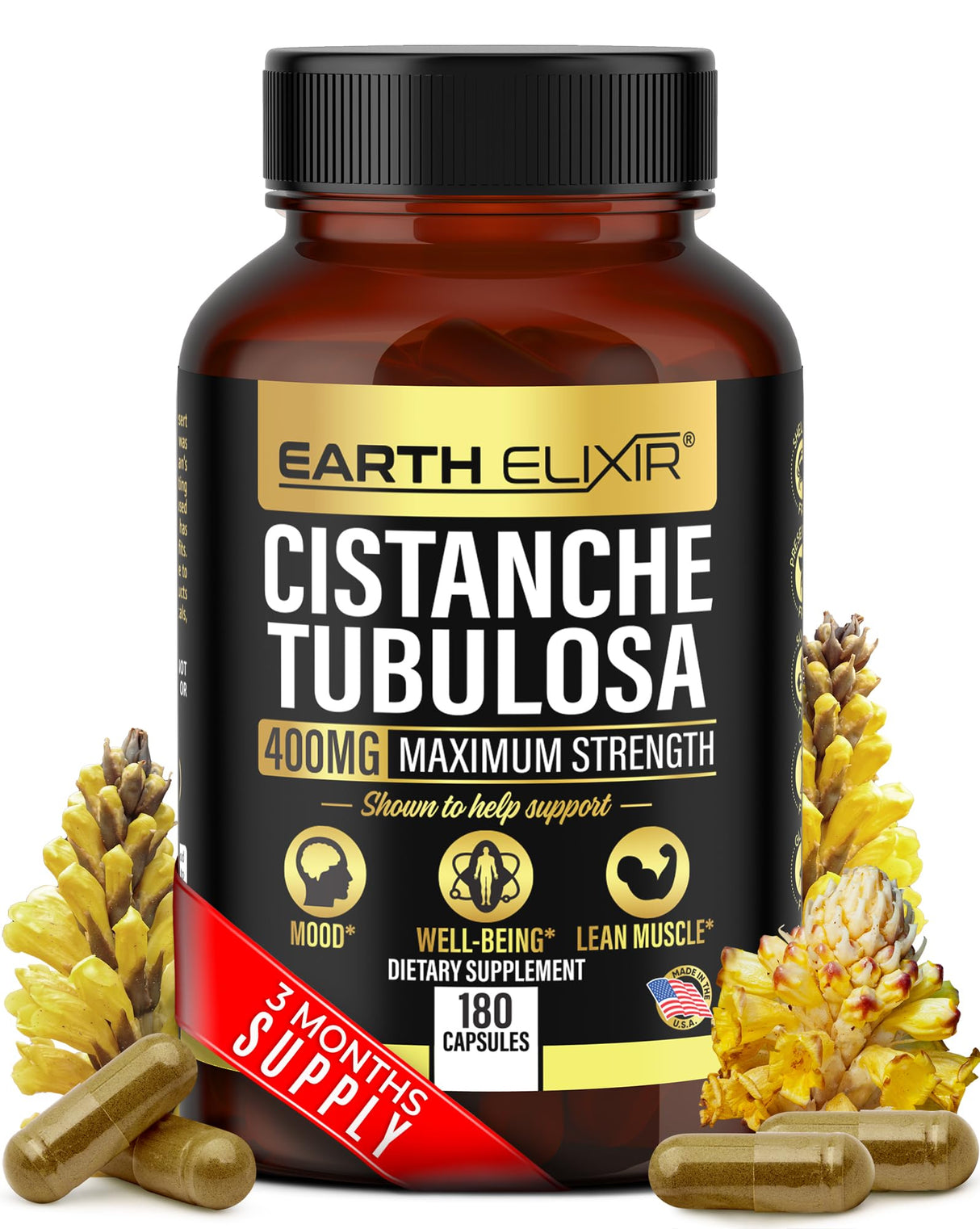 Earth Elixir Cistanche Tubulosa 400 mg (180 Capsules) 3 Months Supply – Made in USA - 3rd Party Tested - Cistanche Supplement - Zero Fillers - Max Purity - Nootropics - 100% Pure Cistanche Herb