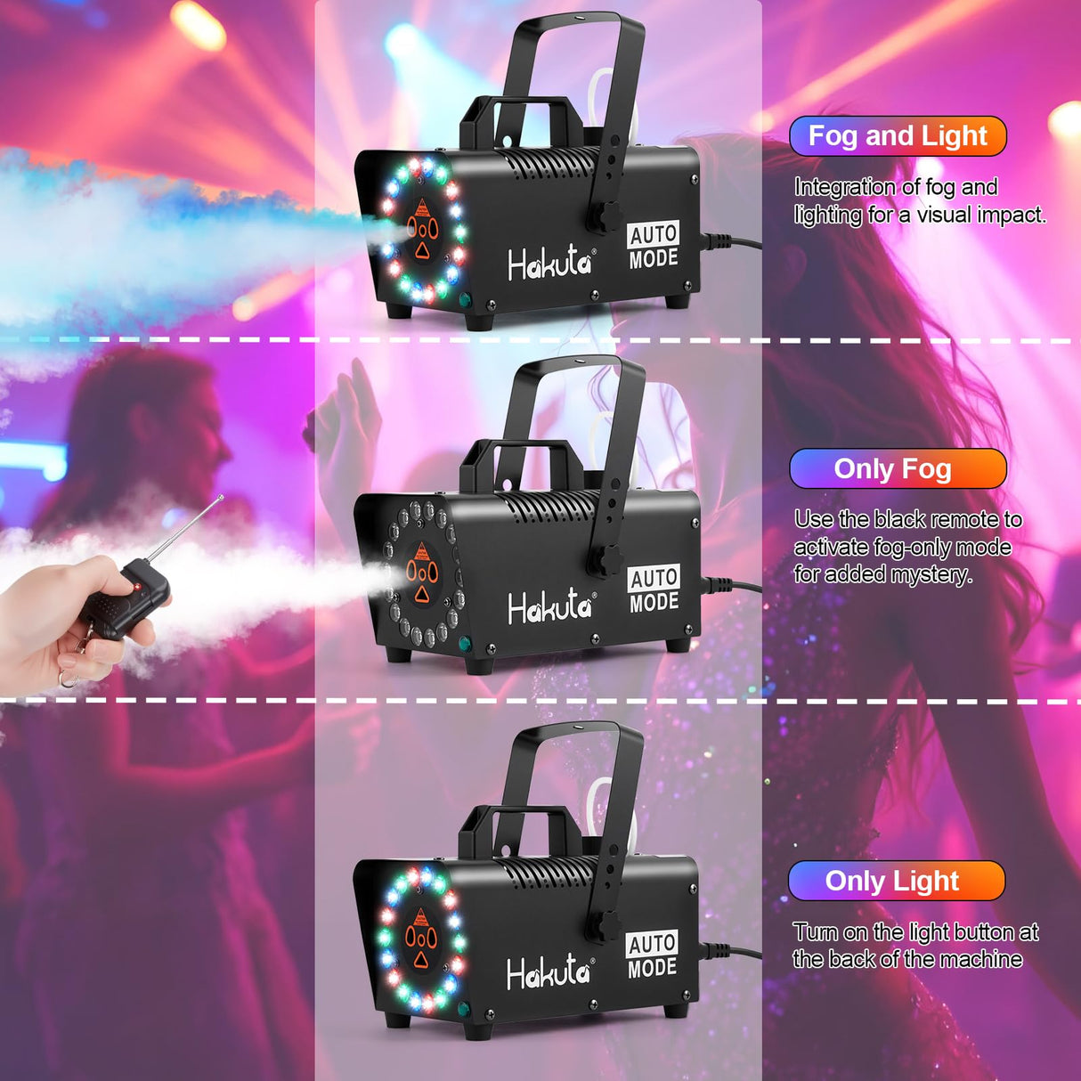 Hakuta Fog Machine, Smoke Machine with Racing, Jumping, Fading, Flashing LED Modes 18 Colorful LED Lights 2300 CFM Spray Automatic Smoke Machine, Great for Halloween, Christmas, Wedding and Parties