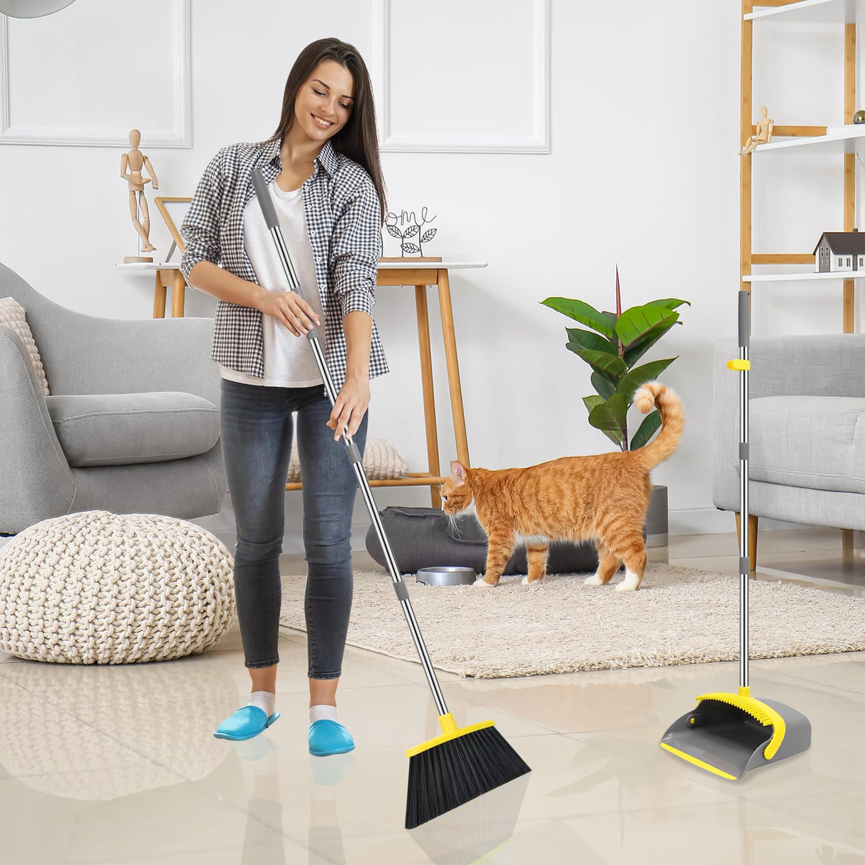 NACENA Broom and Dustpan Set, 52-in Long Adjustable Handle Broom Dustpan Combo with Dustpan Teeth to Automatically Clean Hair Suitable for Home Kitchen Office Hall Floor (Grey&Yellow), 2 Pack