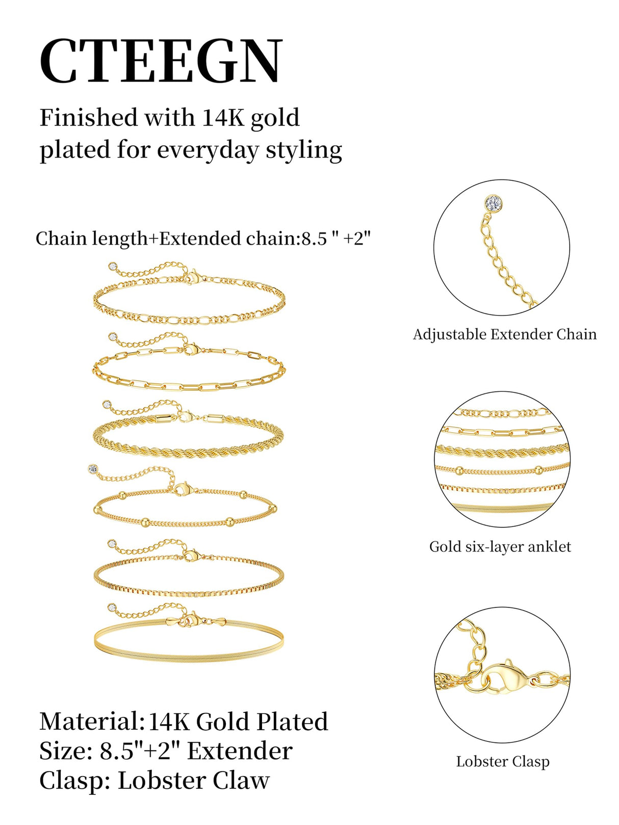 CTEEGN Anklets for Women, 14K Gold Plated 6 Pcs Layered Dainty Anklet Set - Tarnish Resistant Waterproof Brass Ankle Bracelet with Cuban Box Rope Figaro Snake Paperclip Chain, Adjustable 8.5"+2"