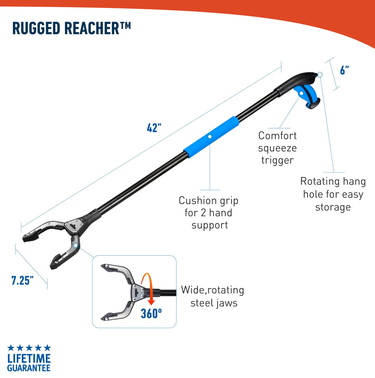 Unger Professional 42” Rugged Reacher – Reacher Grabber Tool & Trash Picker, Outdoor Trash Picker Upper Tool, Heavy Duty Grabber Reacher, Claw Grabber Pickup Tool, Yard Clean Up