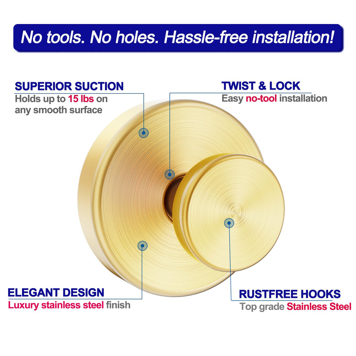 Bntuk Suction Cup Hooks for Shower, Towel Hooks for Bathroom Window Glass, Bath Robe Looafh Hook for Hanging - 2 Pack, Gold