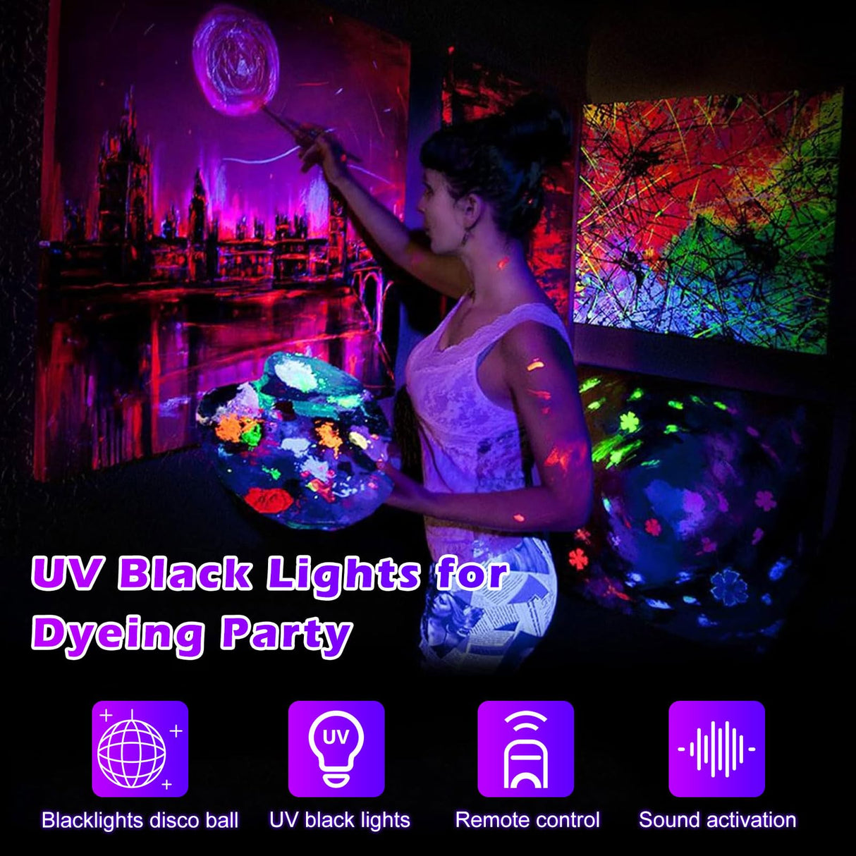 DJPTYGCK 2 in 1 Glow Party Black Light Disco Ball Light with Sound Activated Strobe Dj Party Lights Black Lights, for Halloween Christmas Birthday Decor Classroom Room Family Party Decor