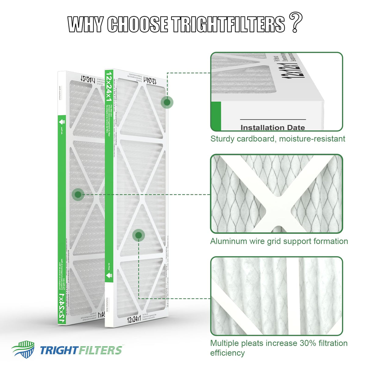 TRIGHTFILTERS 12x24x1 Air Filter 4 Pack, MERV 8 Pleated Dust Defense Air Filters Replacement Air Conditioner HVAC AC Furnace Filter, Durable and Lightweight