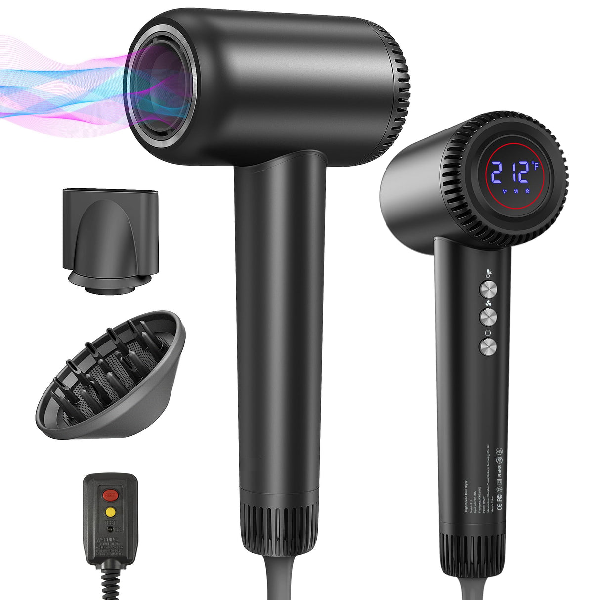 Hair Dryer, 180000 RPM High-Speed Blow Dryer, 1600W Low Noise Brushless Motor, Negative Lonic Professional Care Hair Dryer, 4 Thermo-Control with Magnetic Diffuser and Nozzle for Travel, Salon(Black)