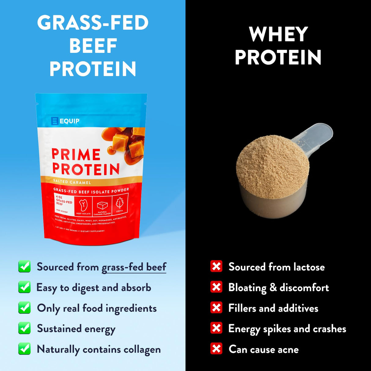 Equip Foods Prime Protein Powder | Clean, Grass Fed Beef Protein Isolate | Carnivore Protein Powder | Paleo, Keto Friendly | Gluten, Dairy Free | 30 Servings, Salted Caramel
