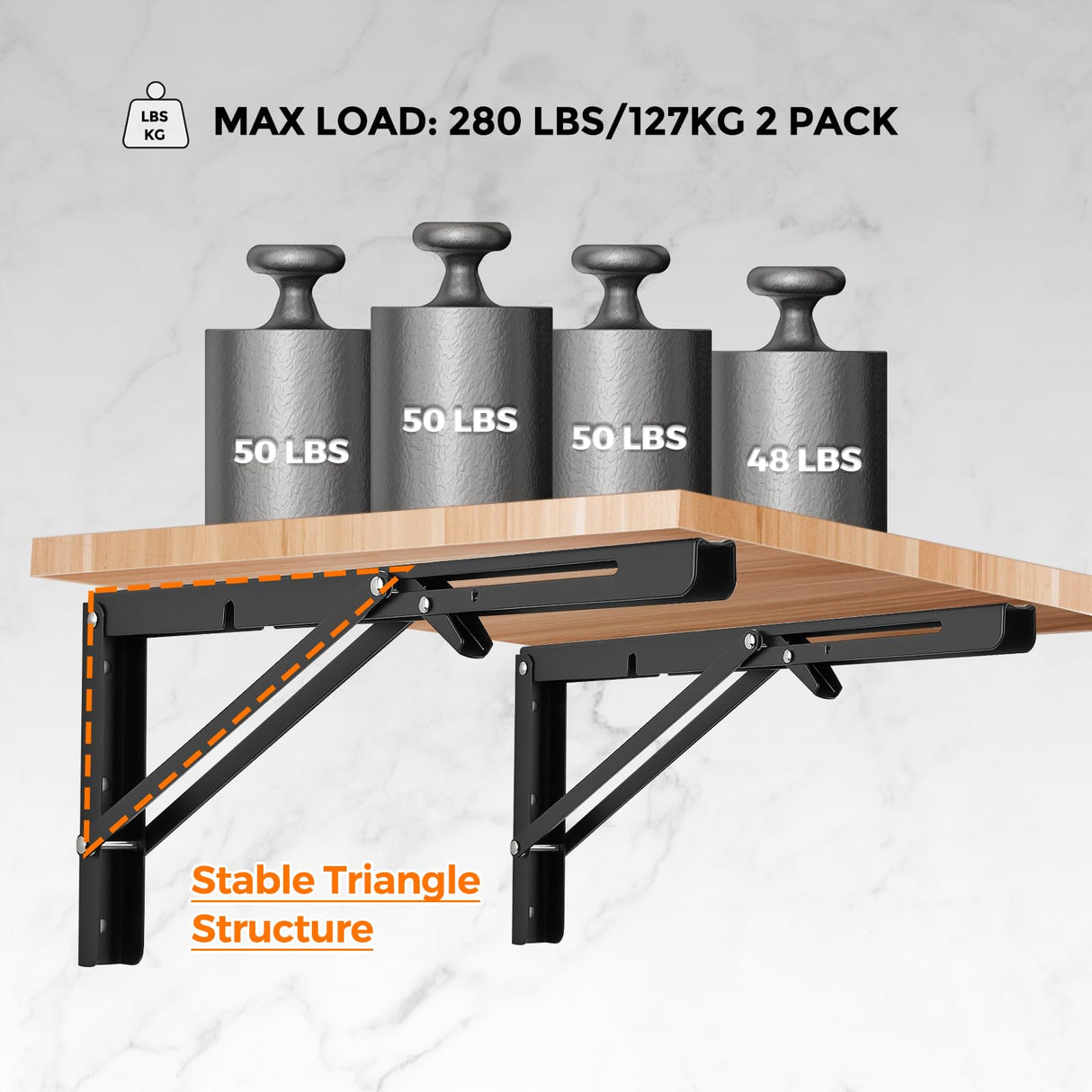 Ravinte 2 Pack 16 Inch Folding Shelf Brackets – Matte Black, Heavy Duty Collapsible Brackets for Tables and Benches – Space-Saving Design
