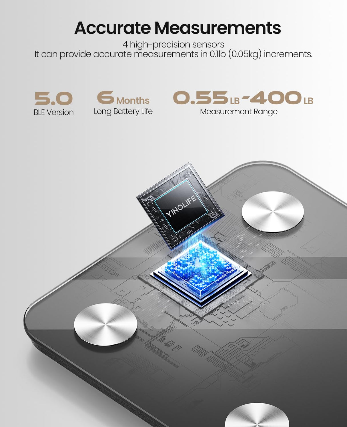 YINOLIFE Scale for Body Weight, Digital Smart Bathroom Weight Scale with BMI, Body Fat, Muscle Mass, Accurate 20 Body Composition Scale, 10.2" Compact Scale with APP, 400lb, Black