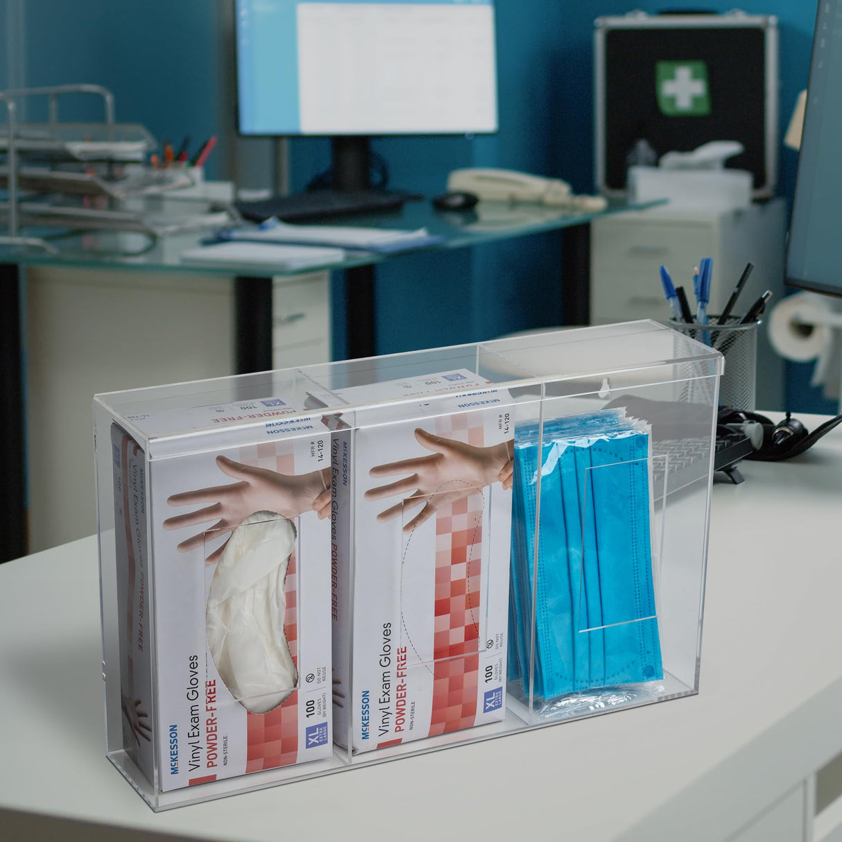 IneVibe Triple Hygiene Holder - 3 Compartment Acrylic Dispenser with Lid for Hairnets, Glove Boxes, Face Masks, Plastic Bags, Tissue Boxes in Home or Medical Setting - Counter or Wall Mount (Triple)