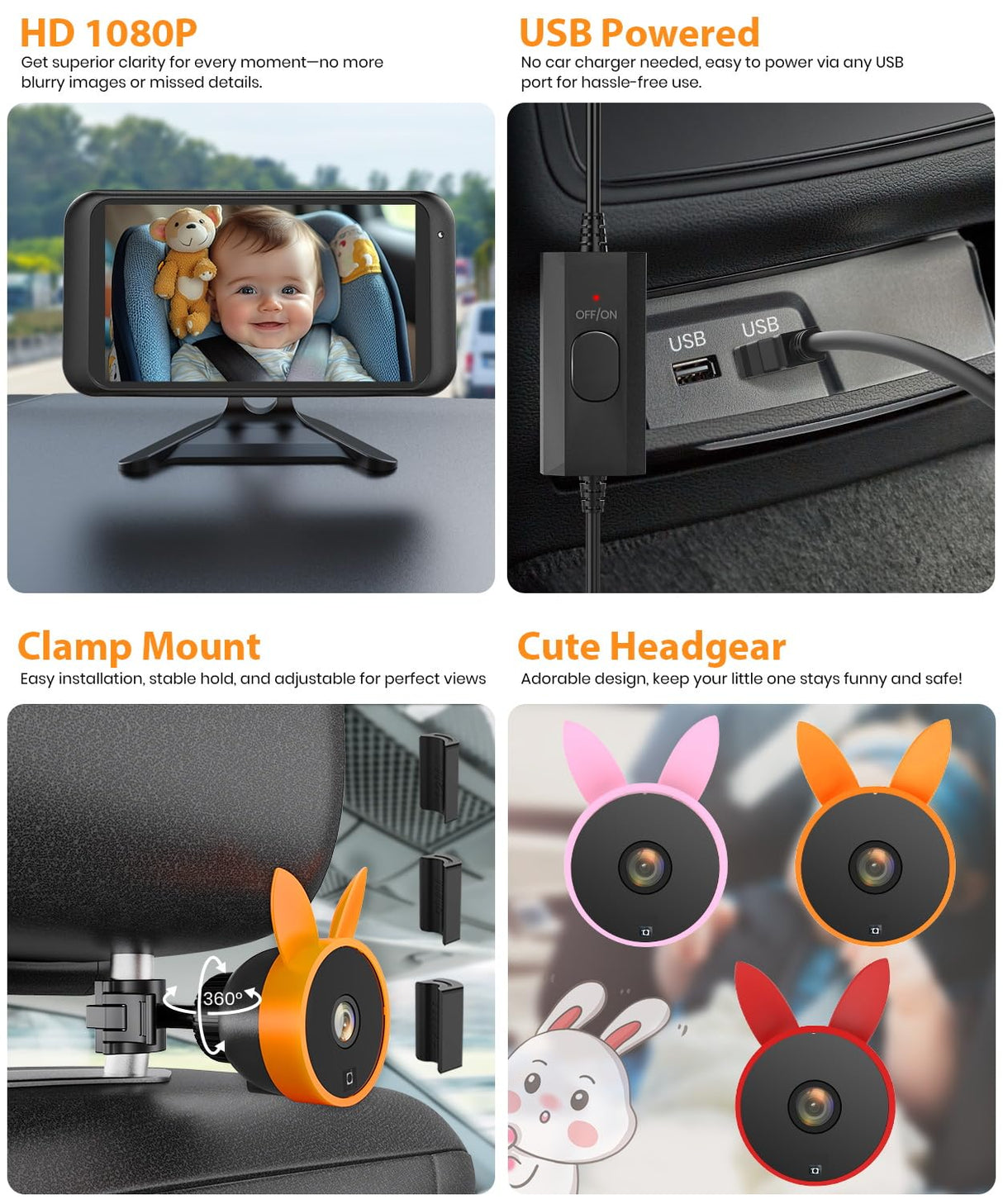 Babyvue USB Baby Car Camera Plug-Play, 4.5" 1080P Easy Setup Backseat Camera with Flexible 360 Rotation, Clear Picture Rear Facing Car Seat Baby Monitor