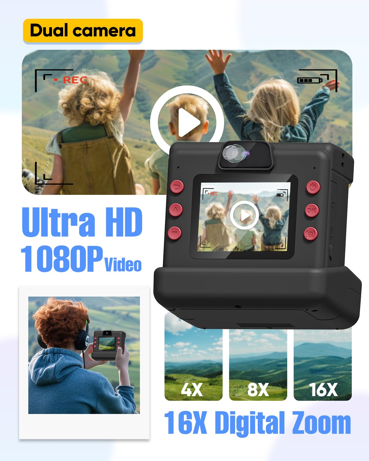 Eveedo Instant Print Camera for Kids,Dual Len Kids Cameras with 2.4 Inch Screen, Christmas Birthday Gifts for Girls Age 3-12, Portable Toddler Toy for 3 4 5 6 7 8 9 10 Year Old Girls Boys (Black)