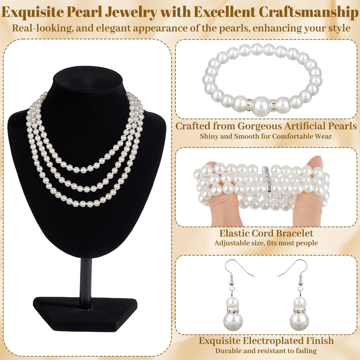 Jupwalz 16 Pcs Pearl Jewelry Set with Necklace, Earrings and Bracelets, Pearl Necklaces for Women, Faux Pearls Set Jewelry for Wedding Bridal Christmas Party
