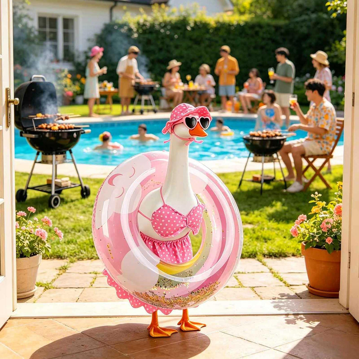 yuboo Summer Porch Goose Outfits Fits 23" Bikini Goose Outfits with Swimming Ring, Sunglasses, Hat and Skirt Hawaiian Porch Goose Clothes Costume for Outdoor Patio Yard Decor Pink