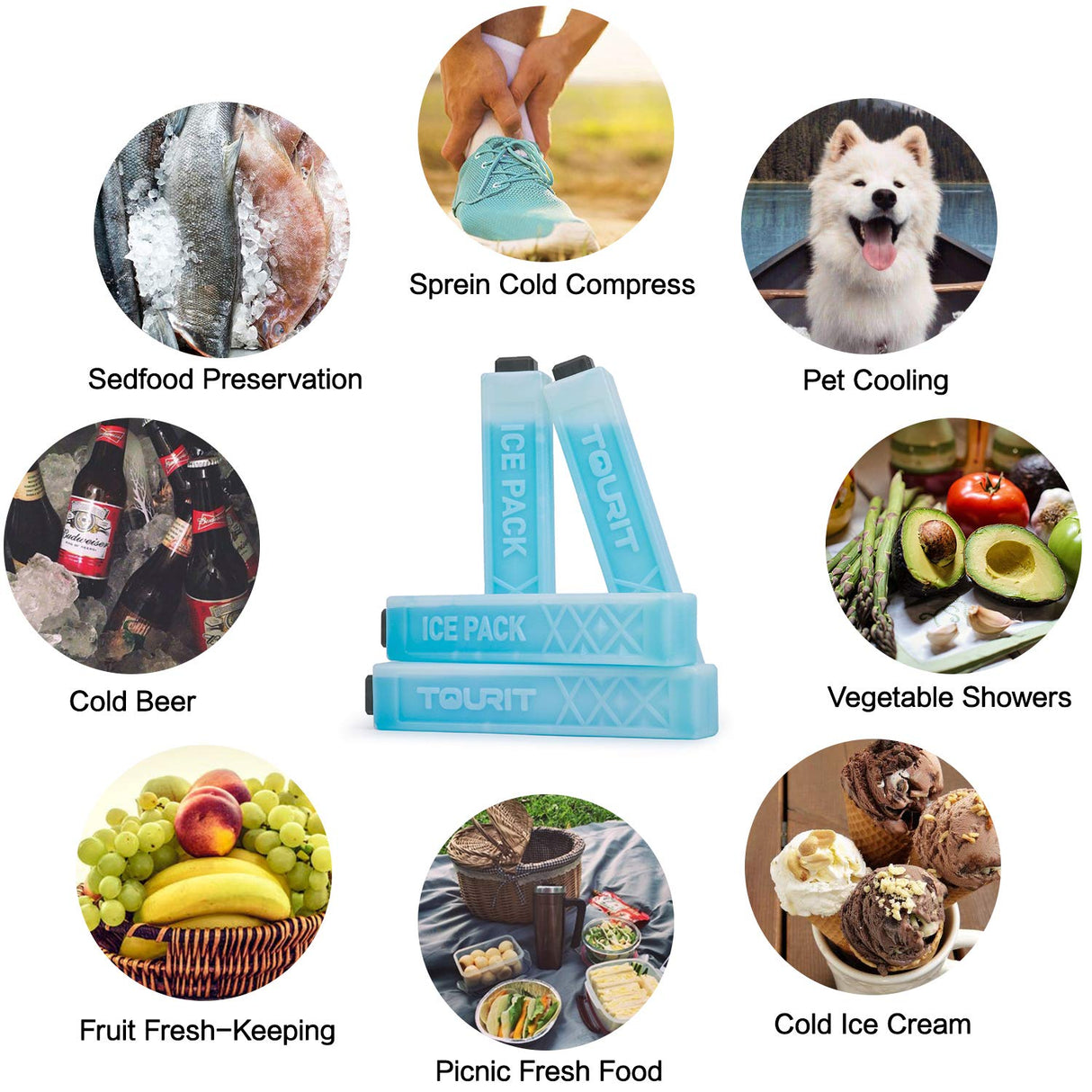 TOURIT Ice Packs for Coolers, 8 Pack Reusable Long Lasting Freezer Packs for Lunch Bags/Boxes, Cooler Backpack, Camping, Beach, Picnics, Fishing and More, Blue