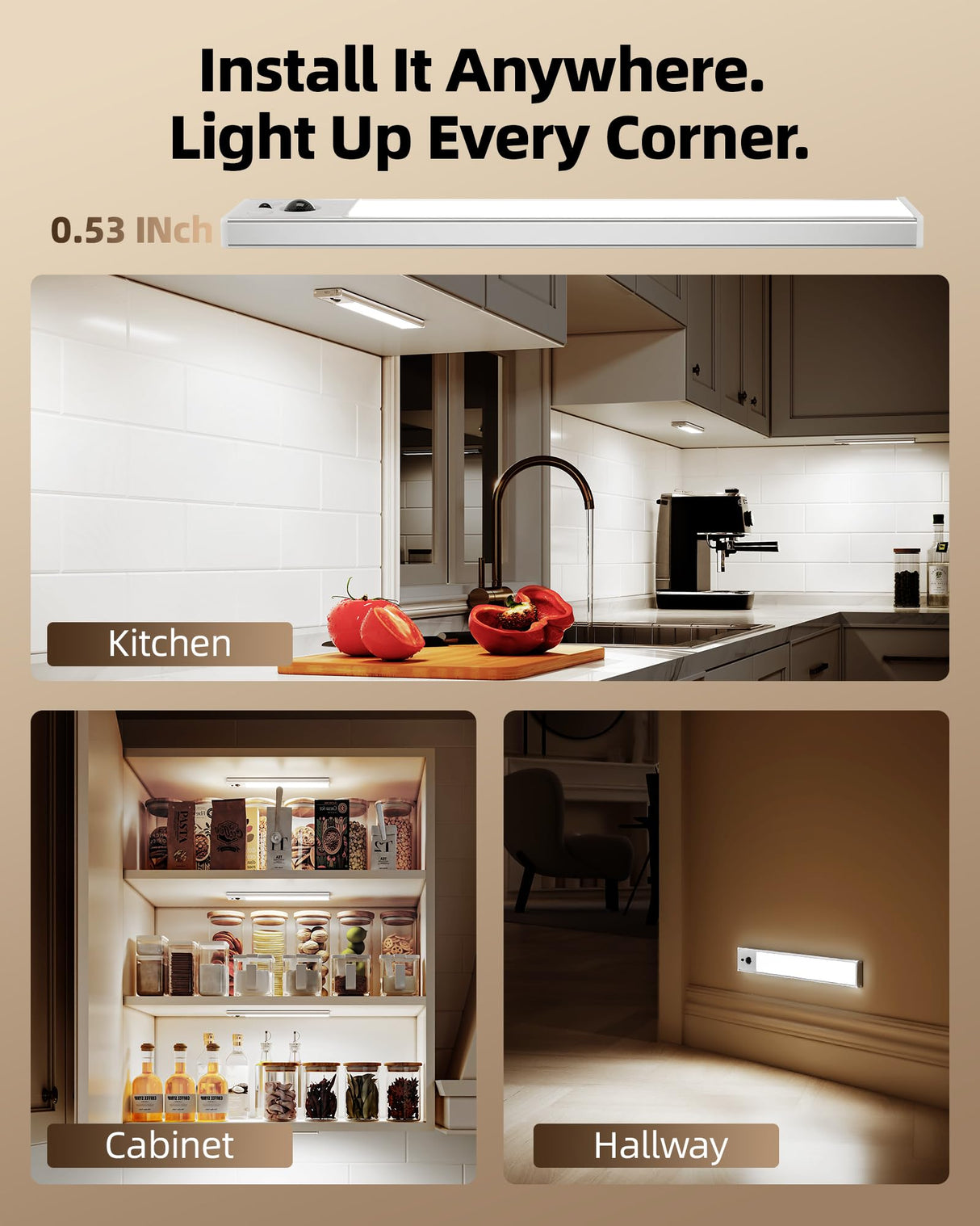 EZVALO 3-Pack Under Cabinet Lighting, 2400mAh Rechargeable Motion Sensor Light, 10inch Magnetic Closet Lights with Dimmable & 3 Color Temps, Wireless Motion Activated Lights with Remote for Kitchen