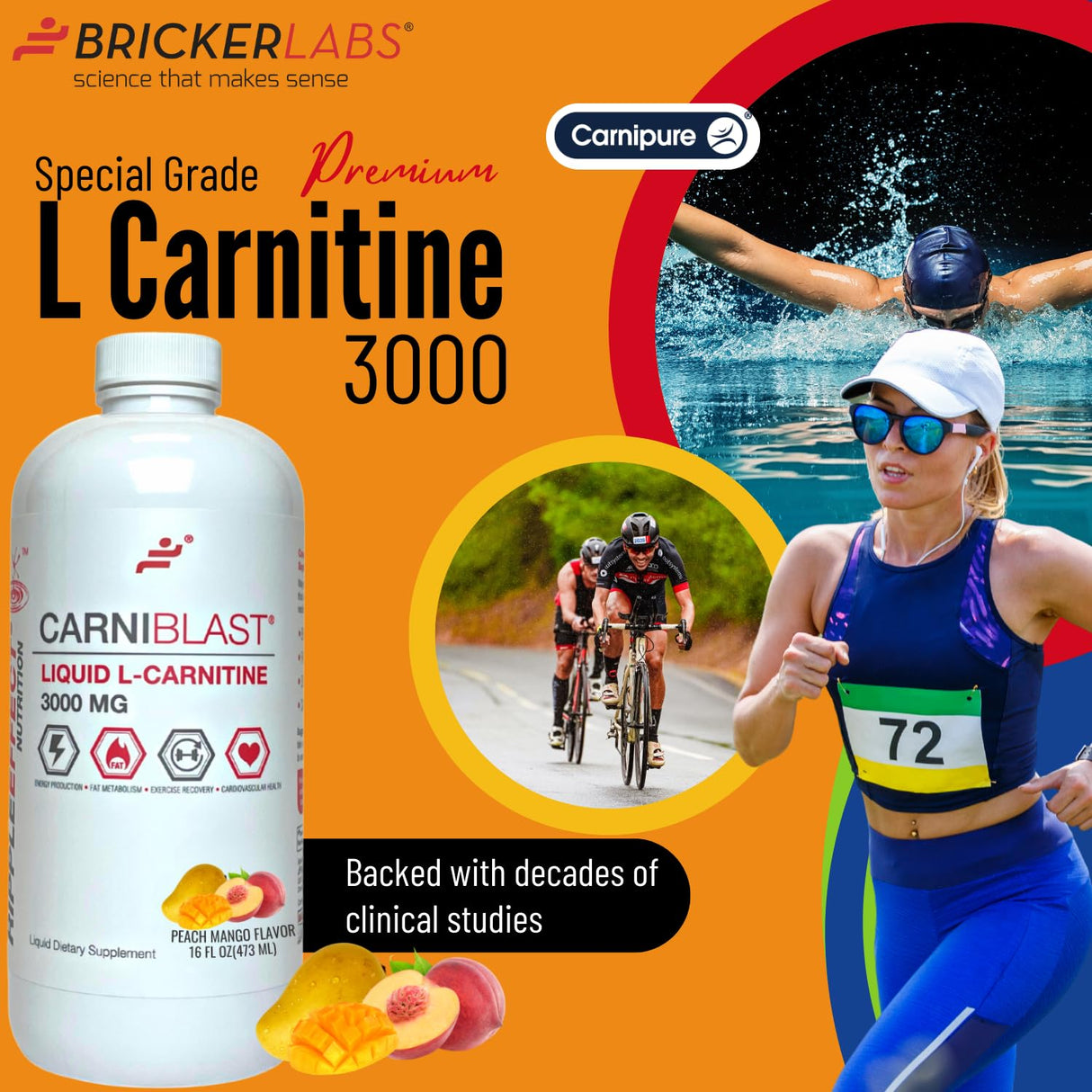Bricker Labs CARNIBLAST Liquid L-Carnitine 3000mg, Premium L Carnitine Carnipure, Sports Nutrition, Energy Supplement and Energy Booster, Peach Mango 16 fl oz