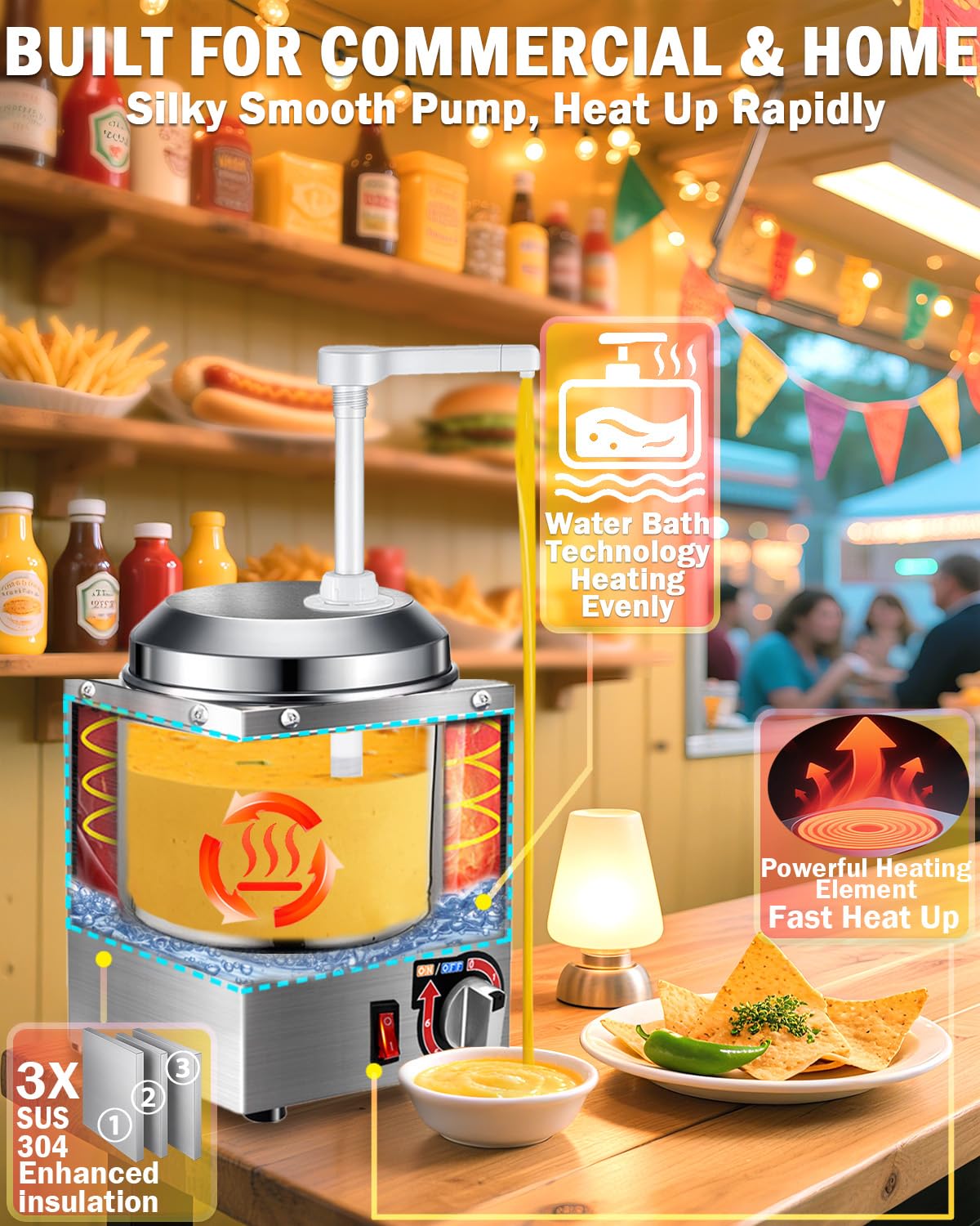 Nacho Cheese Dispenser - 2.8 Qt Nacho Cheese Warmer Machine with Pump, Stainless Steel Hot Fudge Sauce Warmer W/6-Level Temperature Adjustment,Syrup Hot Fudge Dispenser for Hot Fudge Cheese Caramel
