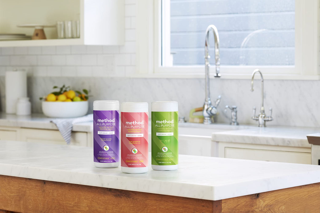 Method All-Purpose Cleaning Wipes, Pink Grapefruit, Multi-Surface, Compostable, 70 Count (Pack of 3)