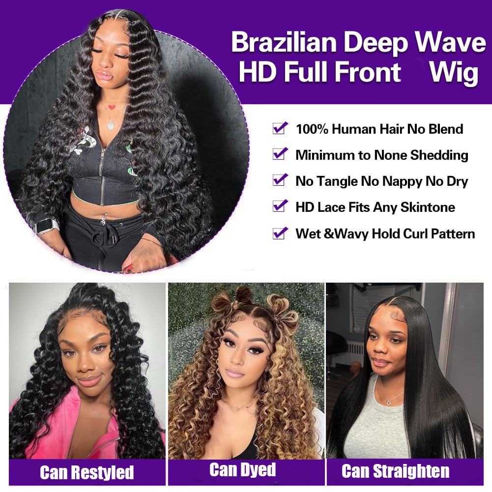 Karlami 5X5 Deep Wave Lace Front Wigs Human Hair Wet and Wavy Human Hair HD Lace Closure Wigs Glueless Wigs Human Hair Pre Plucked 180% Density Wig (5X5 Black, 24 inch, Deep Curly)