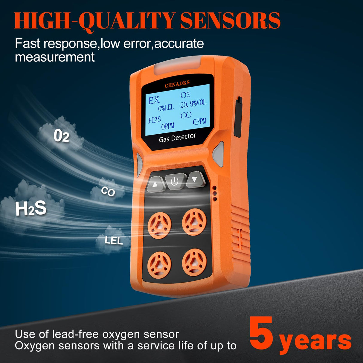 ADKS-4 Portable Gas Detector, 4 Gas Monitor H2S,O2,CO and LEL Multiple Indicator with Vibration, Audible, Visual 4 Gas Monitor Personal Rechargeable Gas Sniffer Alarm with LCD
