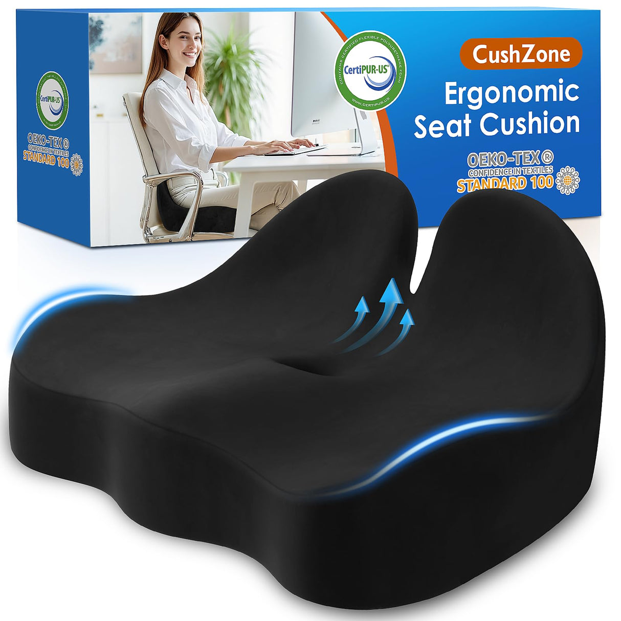 CushZone Seat Cushion, Memory Foam Office Chair Seat Cushion for Office Chairs/Car/Long Trip/Desk Chair/Gaming, Extra Large Size for Sciatica & Hip & Tailbone Pain Relief, Sciatica Support (Black)
