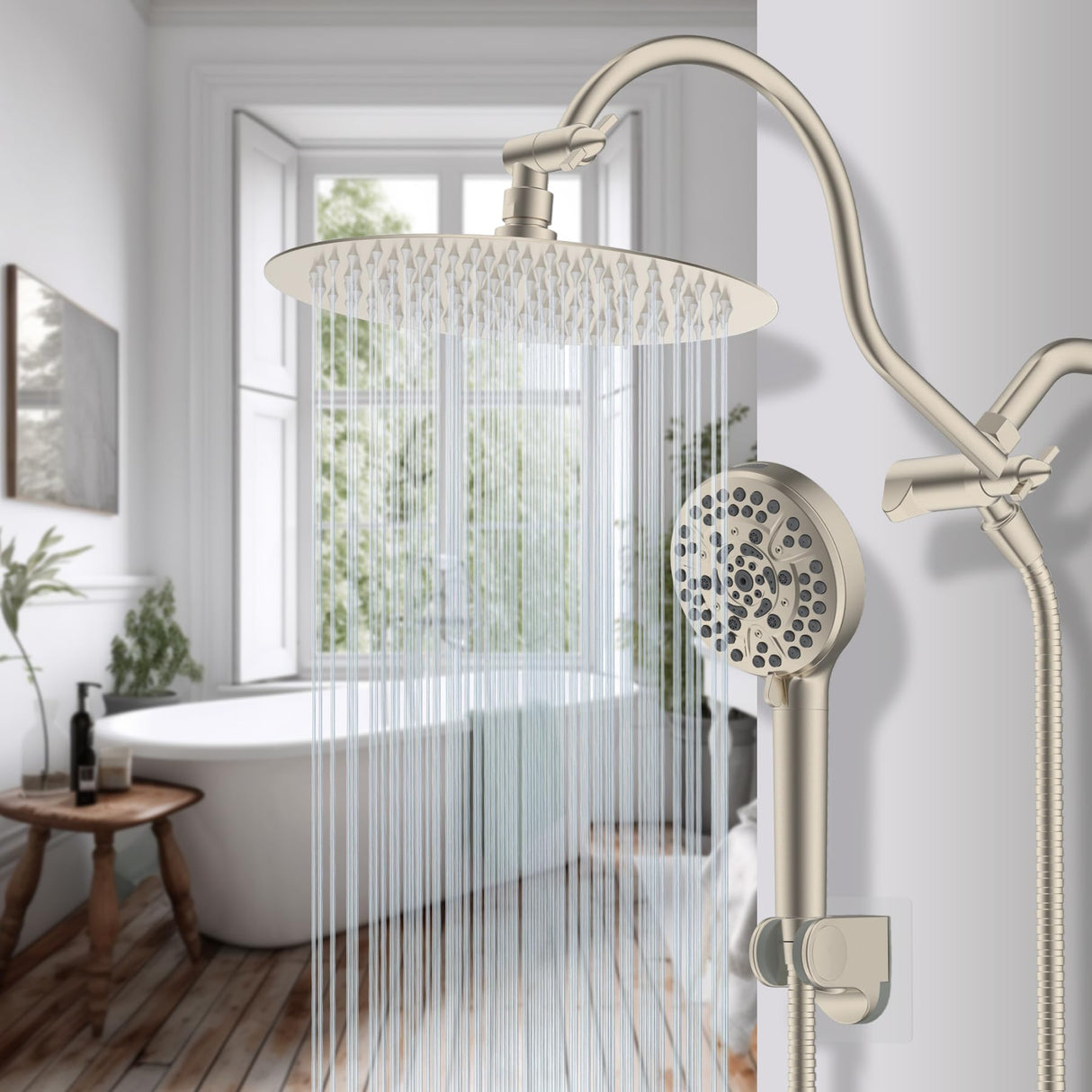 Hibbent All Metal CUPC Certified Shower Head, 10'' High Pressure Rainfall Shower Head, Handheld Showerhead Combo with 12'' Adjustable Extension Arm, 10-Spray, 71'' Hose, Shower Holder, Brushed Nickel