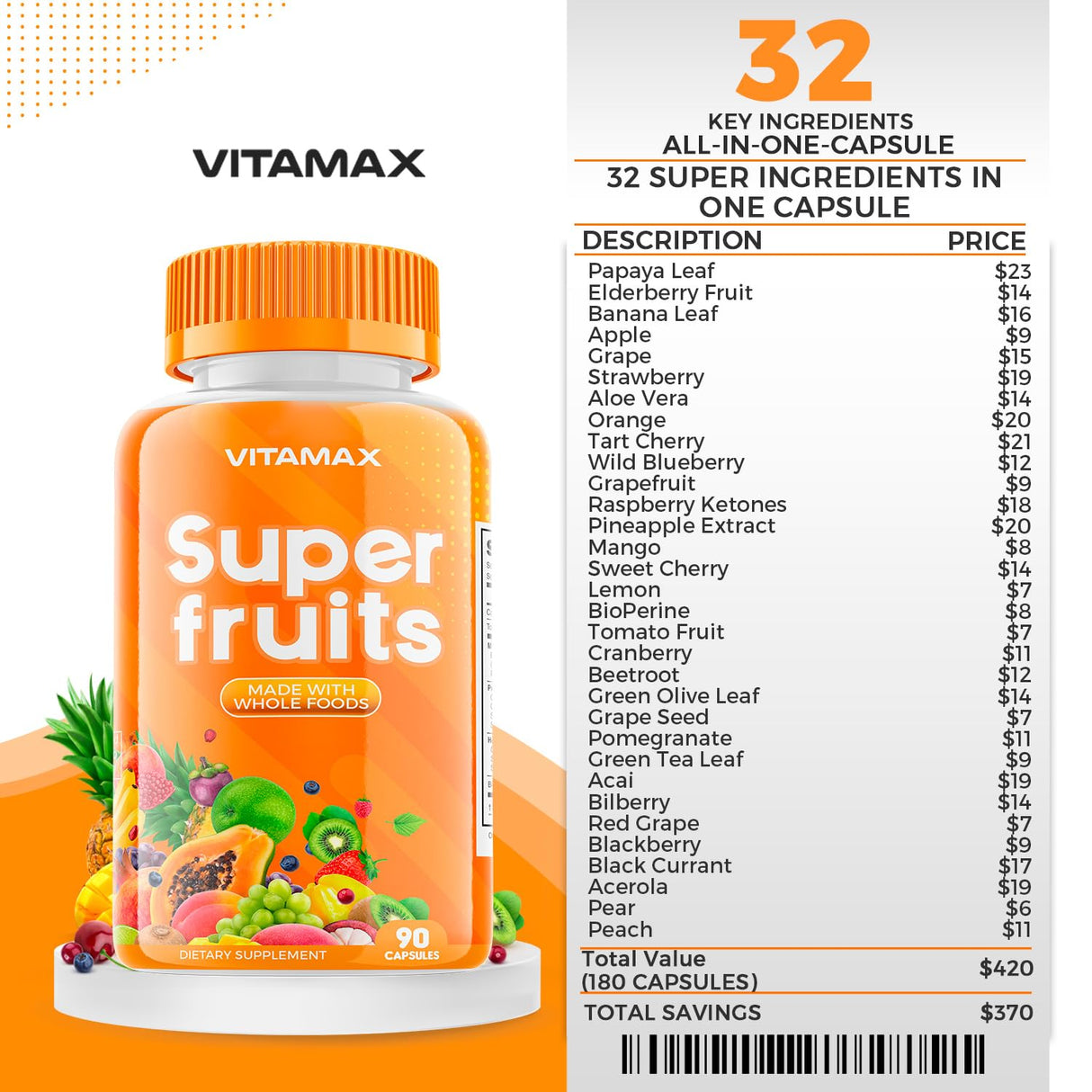 Vitamax Super Fruit and Vegetable Supplements – Whole Superfood Vitamins & Minerals – 90 Veggie and 90 Fruit Capsules for Women, Men, and Kids - Soy Free – Made in The USA