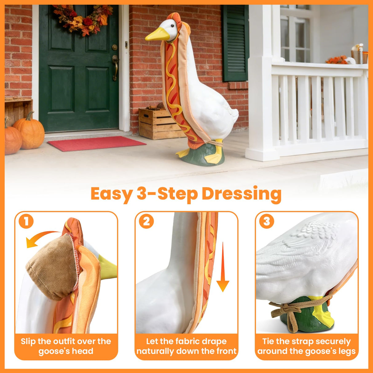 Bifrgmy Hot Dog Goose Outfit, Funny Porch Goose Clothes Costume, Fits 23 Inch Cement Plastic Goose Statue, Perfect for Outdoor Garden Yard Patio Art Decoration(Orange)
