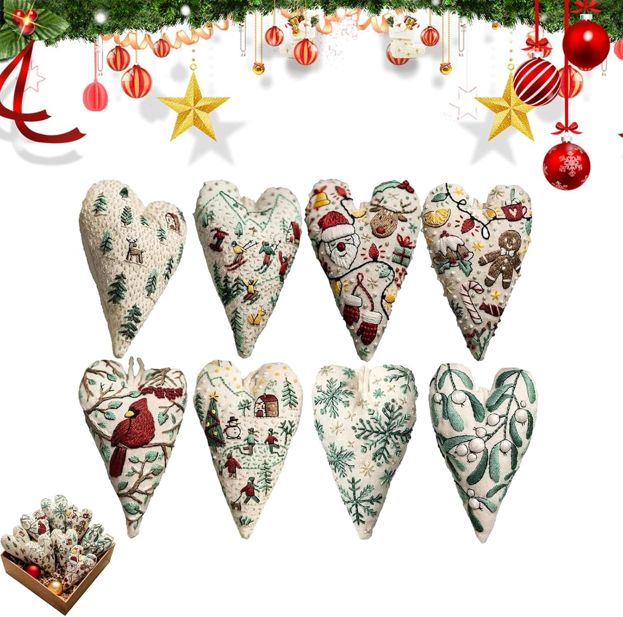 Froklic New Christmas Embroidery Kits, DIY Heart Shaped Hand Christmas Tree Embroidered Ornament Kit, Nativity Cross Stitch Kit for Winter Pattern Embroidery Decoration (with Needles-8PCS)