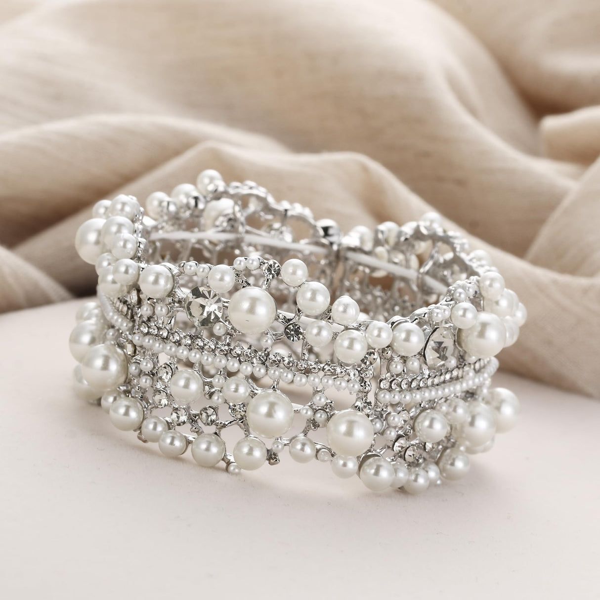EVER FAITH Crystal Pearl Flower Bridal Stretch Bracelet for Women Bride
