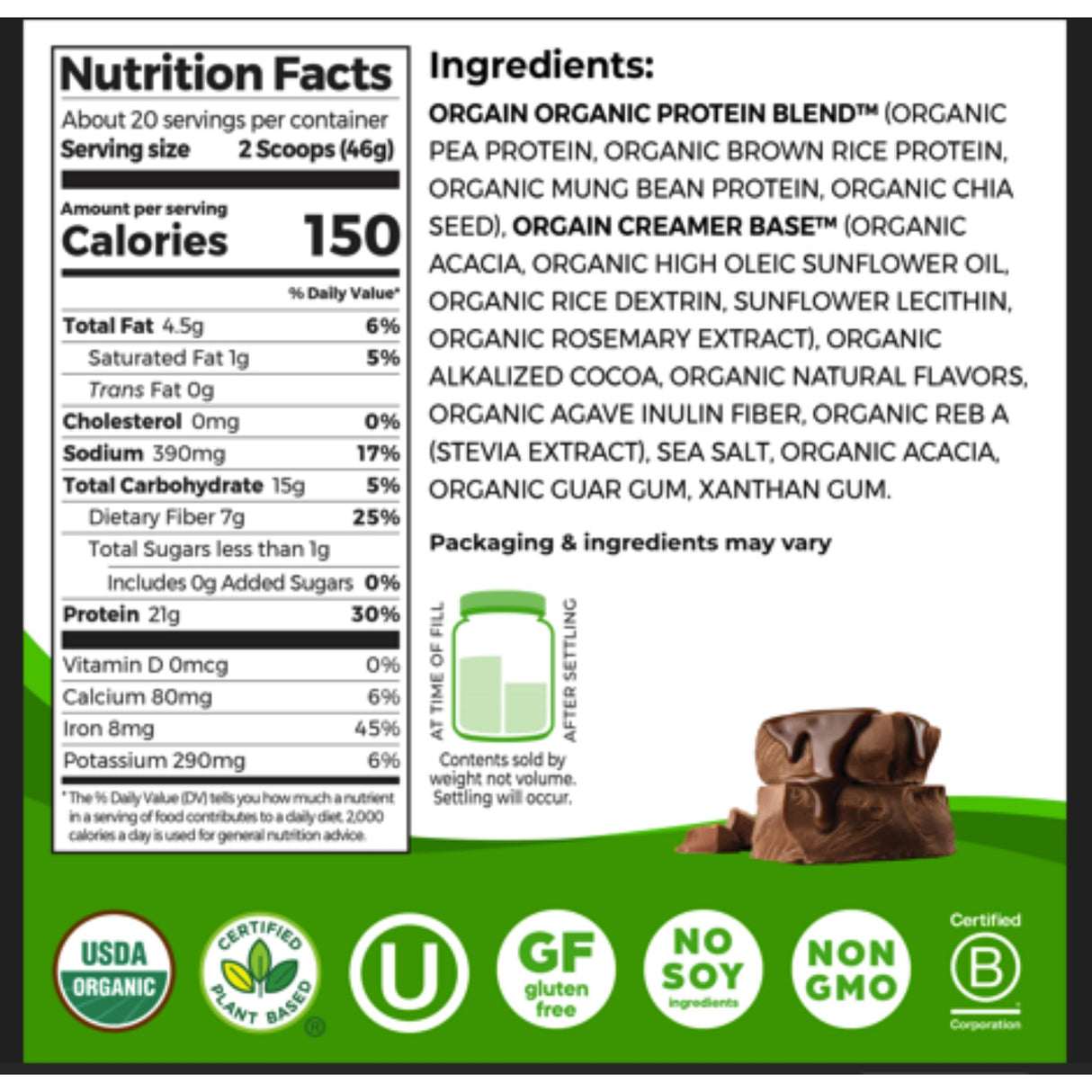 Orgain Organic Vegan Protein Powder, Creamy Chocolate Fudge - 21g Plant Protein, 6g Prebiotic Fiber, Low Net Carb, No Lactose Ingredients, No Added Sugar, Non-GMO, For Shakes & Smoothies, 2.03 lb
