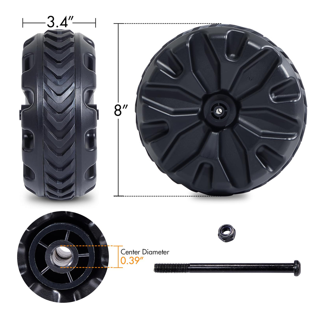 PORTAL Wagon Wheels Replacement 8" Diameter X 3.4" Wide for Utility Wagon Cart, Plastic Wheels with TPR Tread Outdoor Garden Carts Replacement Parts