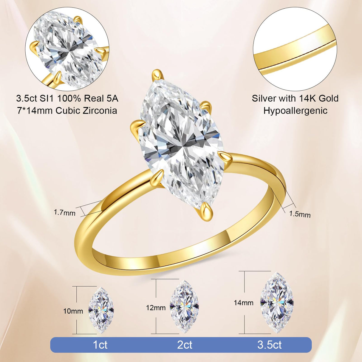 AVECON 3.5CT Marquise Cut Engagement Ring for Women, Wedding Promise Cubic Zirconia Band, 14K Gold Plated Simulated Diamond Rings Size 9