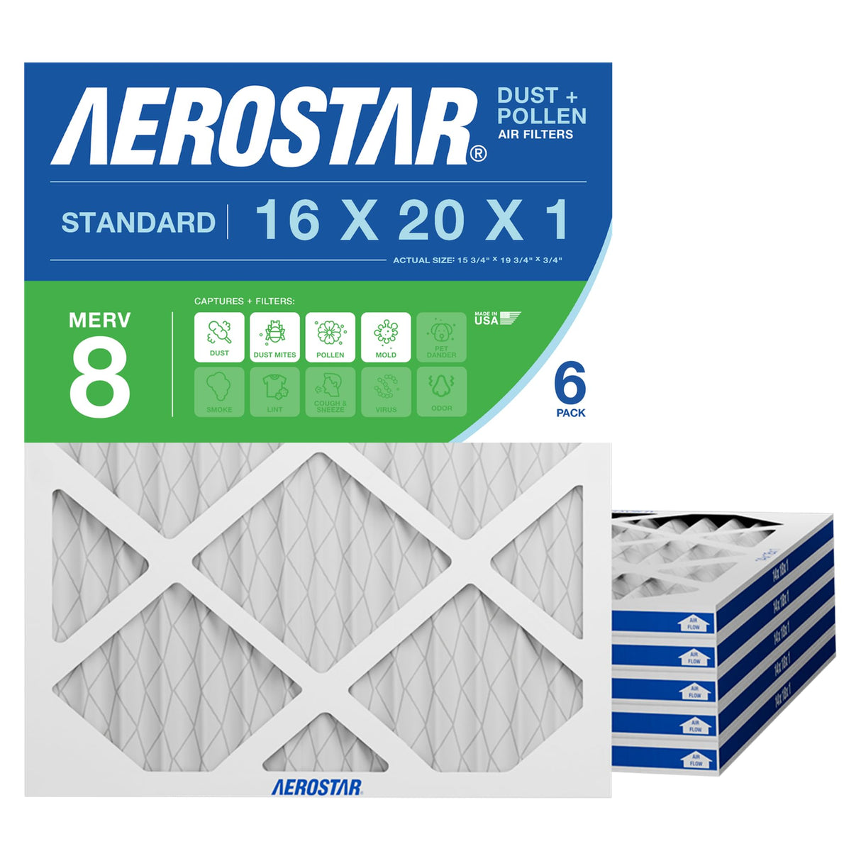 Aerostar 16x20x1 MERV 8 Air Filter, 6 Count, ACTUAL SIZE (19.75"L x 15.75"W x 0.75"Th ), HVAC, Air Conditioning & Furnace Filter Captures Dust, Lint & Pollen (MPR 600 / FPR 5), Made in USA