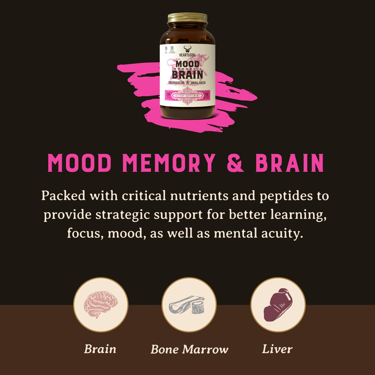 HEART & SOIL Grass Fed Beef Brain Supplement – 3000mg Brain Supplements for Memory and Focus with DHA, EPA, Choline, B12, Folate, Riboflavin, Selenium & Copper - Non-GMO, Allergen-Free - 180 Capsules