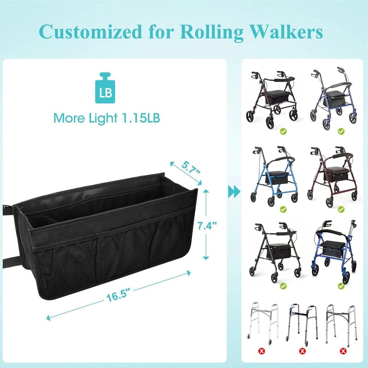 Dotday Rollator Basket with Cup Holder, Easy to Use Rollator Accessories Folding Storage Bag, Never Tipping Over
