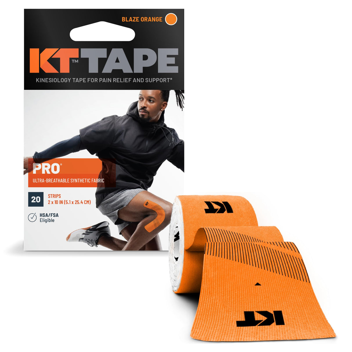 KT Tape, Pro Synthetic Kinesiology Athletic Tape, 20 Count, 10” Precut Strips, Blaze Orange