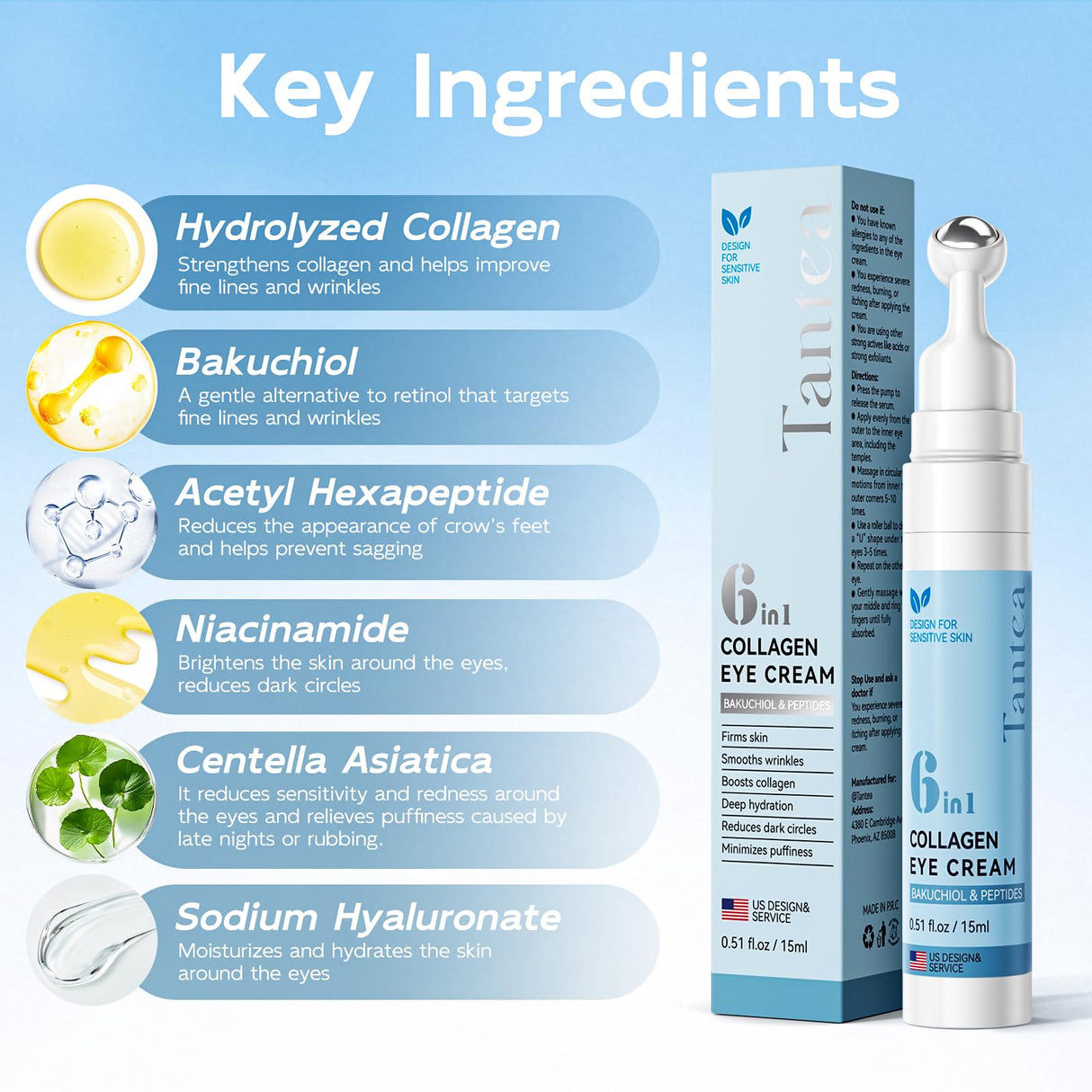 Tantea Under Eye Cream Anti-Aging | 6 in 1 Collagen Anti-Wrinkle Eye Cream - Peptides, Bakuchiol, Centella - Wrinkles | Fine Lines | Dark Circles | Puffiness | Natural Retinol Alternative, 0.68 fl.Oz