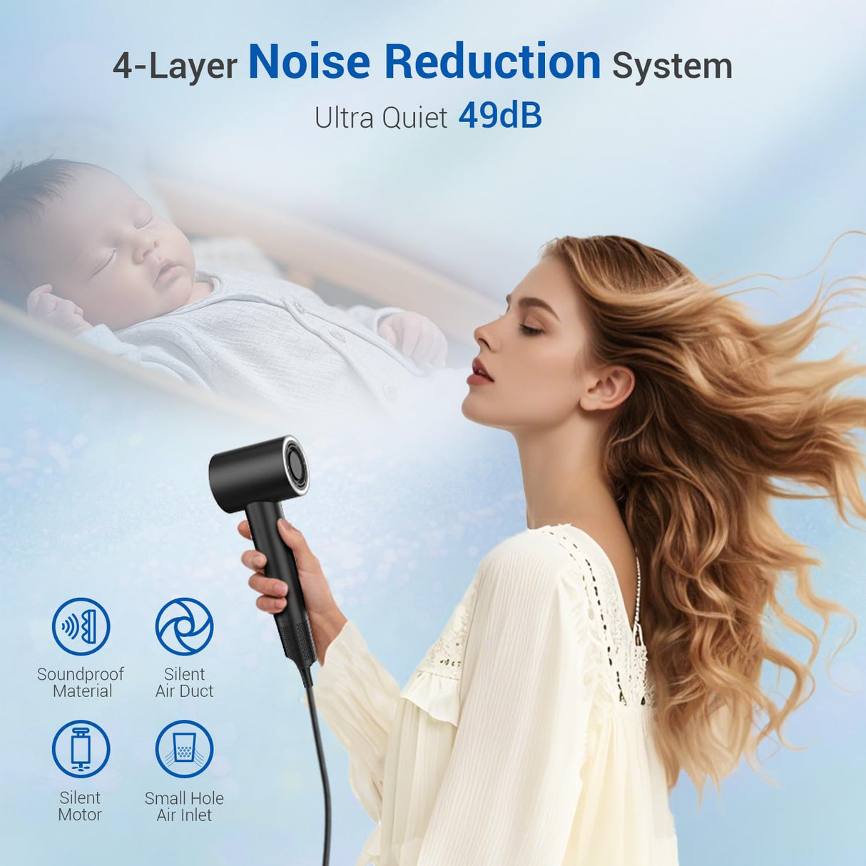 Hair Dryer with Diffuser, Hyspeedh Low Noise Blow Dryer with Fast Drying, 0.86lb Lightweight Travel Hair Dryers for Women, 1.5 Billion Plasma, Smart Thermo Control, Strong Magnetic Diffuser