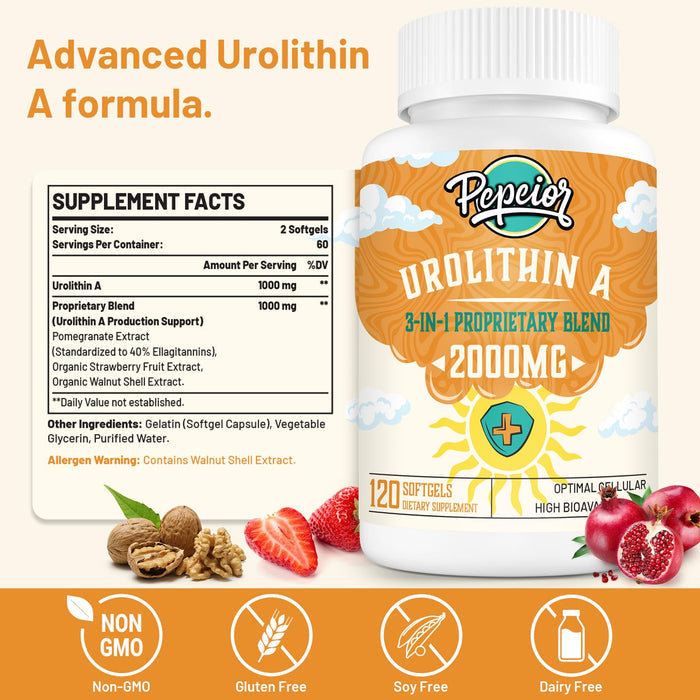 Urolithin A Supplement 2000MG - for Mitochondria, Energy, Antioxidants, Premium Quality Cellular, 120 Softgels (2 Bottles)…