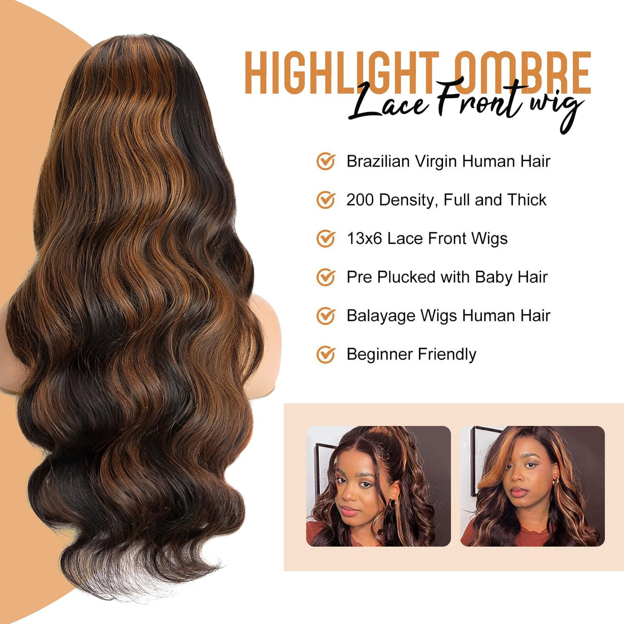 30 inch 13x6 Highlight Body Wave Lace Front Wigs Human Hair Pre Plucked 200% Density FB/30 Ombre Frontal Wigs Human Hair HD Lace Wig Glueless Balayage Wigs for Black Women Human Hair Bleached Knots