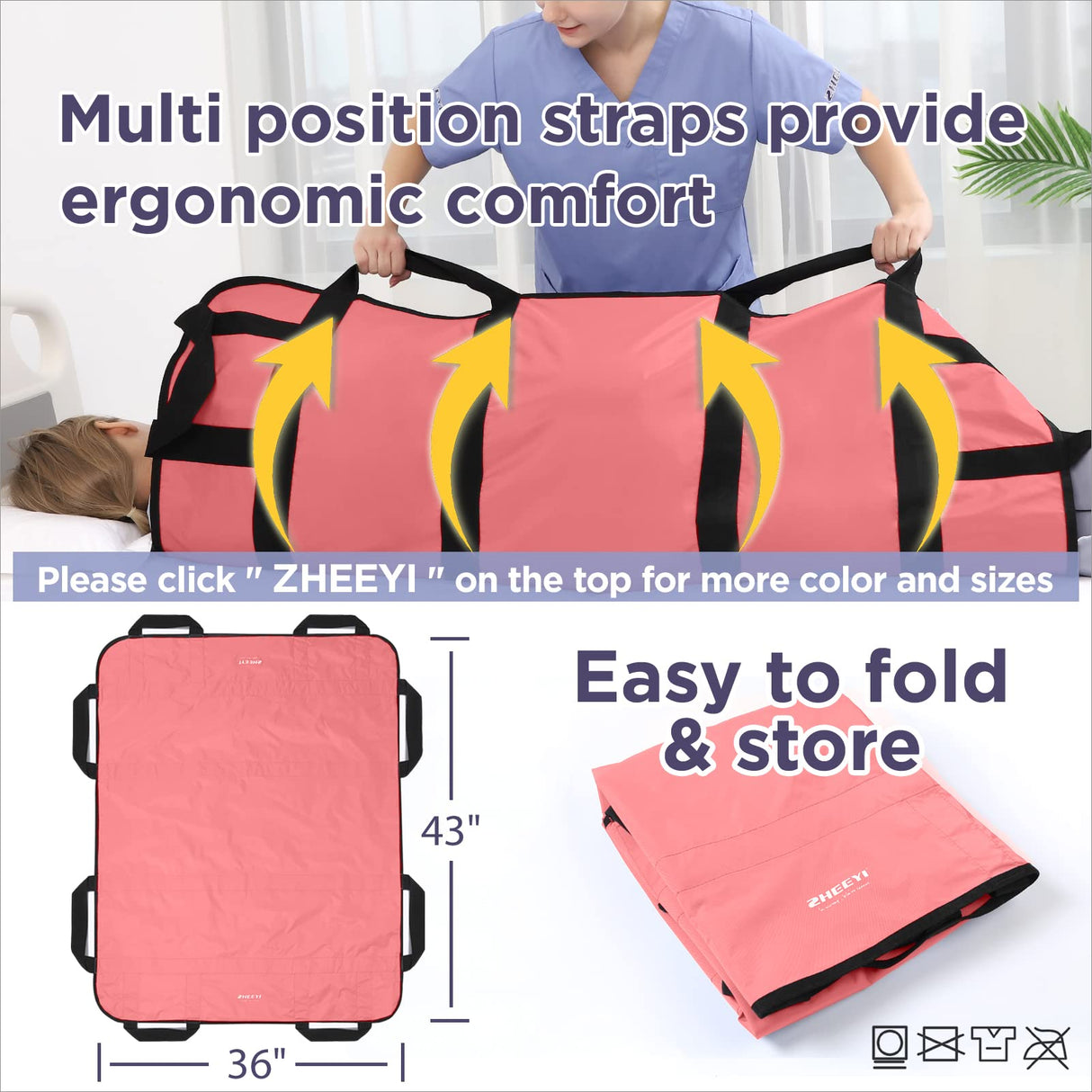 ZHEEYI Multipurpose 43" x 36" Positioning Bed Pad with Reinforced Handles - Reusable & Washable Transfer Sheet for Turning, Lifting & Repositioning - Double-Sided Nylon Fabric, Pink