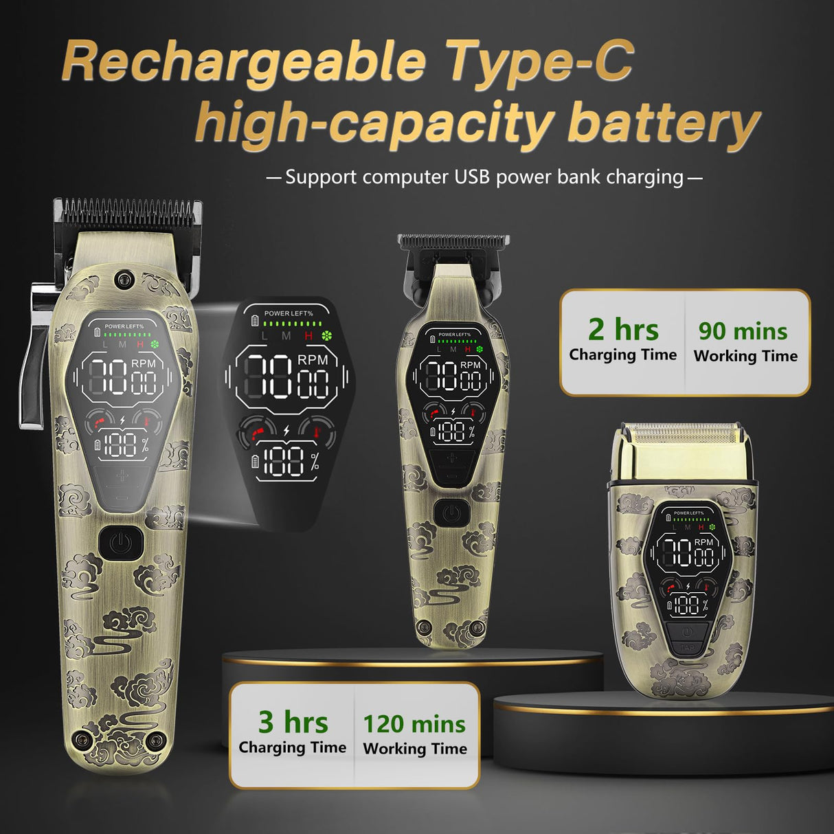 Bomxin Professional Hair Clippers for Men,3 in 1 T-Blade Barber Clippers and Trimmer Set,Mens Cordless Hair Clippers for Hair Cutting Kit,Trimmers for Barbers, Beard Trimmer for Men