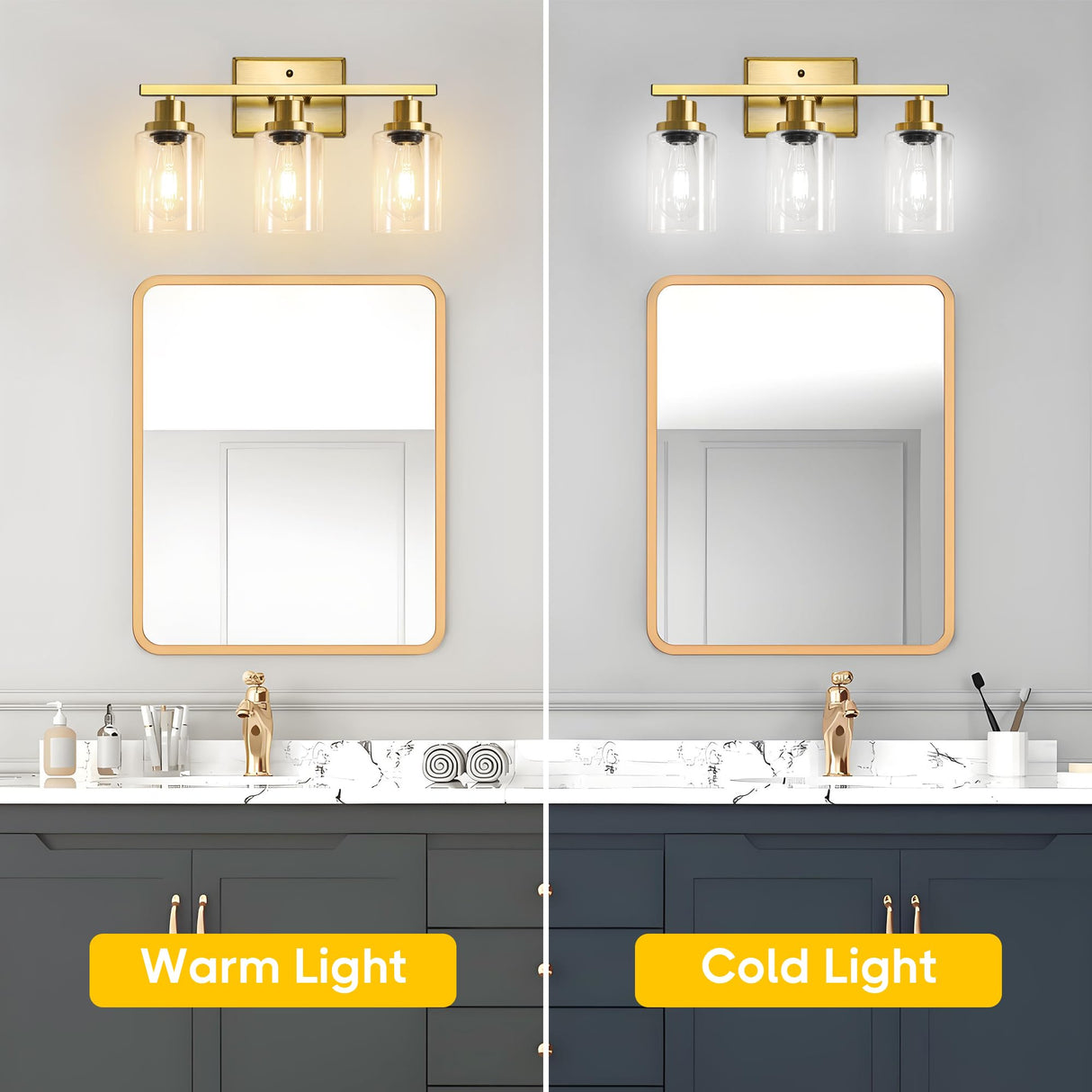 Ascher Bathroom Vanity Light Fixtures, 3 Light Wall Sconces Lighting with Clear Glass Shade, Gold Wall Lights for Mirror, Kitchen, Living Room, Gallery, E26 Base (Bulbs Not Included)
