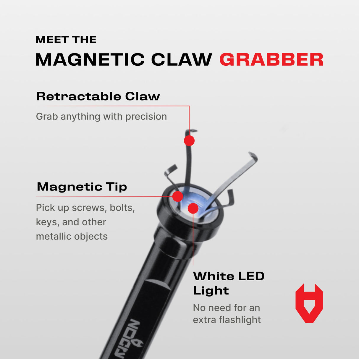 NoCry Magnetic Flexible Claw Grabber Pickup Tool with Bright LED Light - 27.7in Long Magnetic Pickup Tool, Retractable Claw Grabbing Tool, Magnetic Grabber Tool with 5lb Pull Strength Pick Up Tool