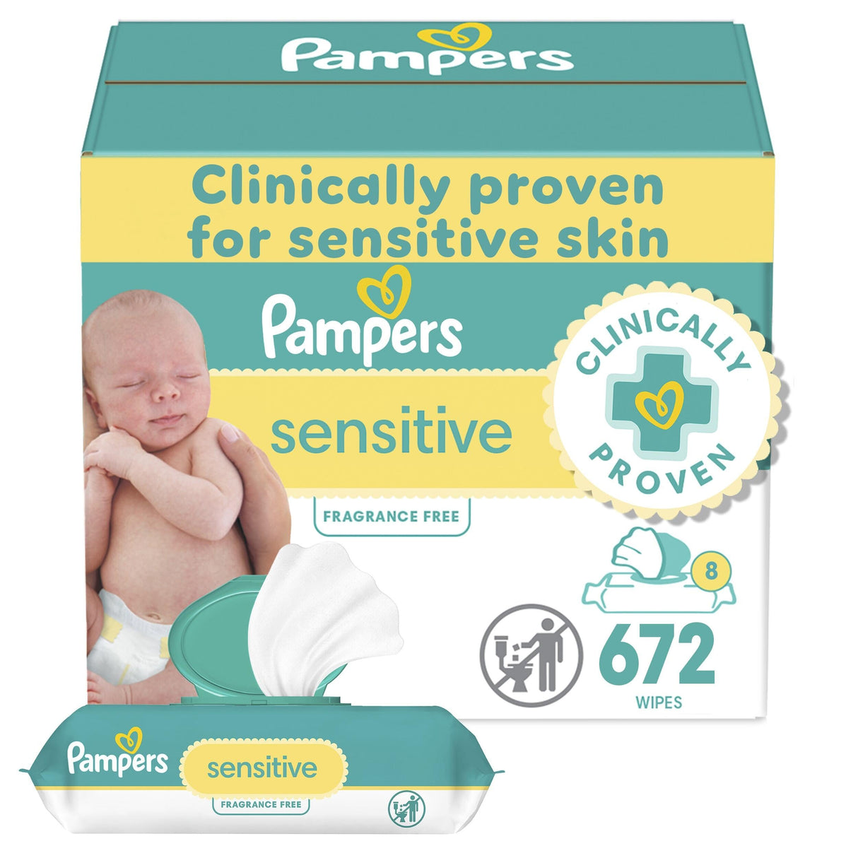 Pampers Baby Wipes, Sensitive, Water Based Wipe, Clinically Proven, Hypoallergenic, and Unscented for Babies, 1008 Wipes Total (12 Flip-Top Packs)